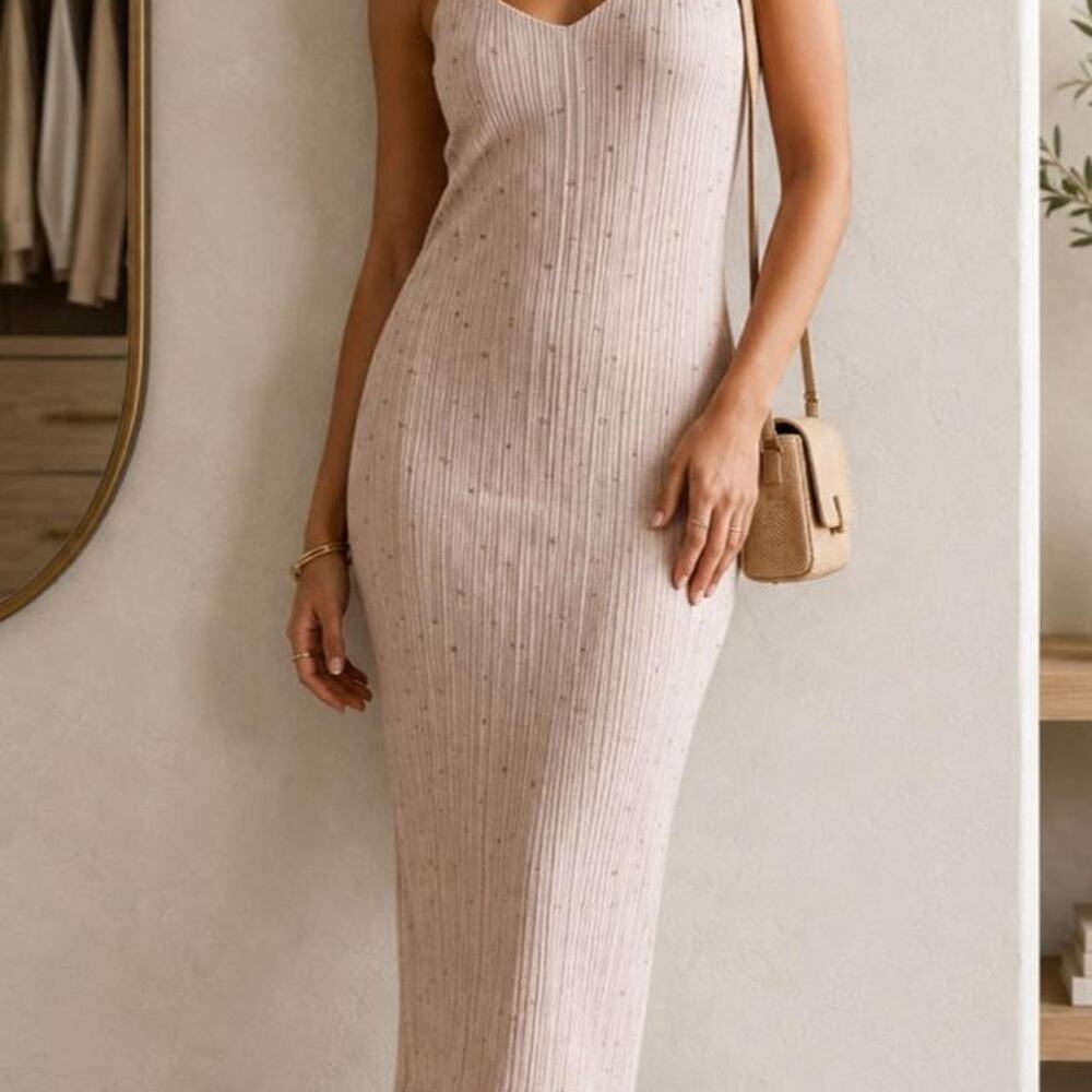 Express shimmer pinknude pleated midi